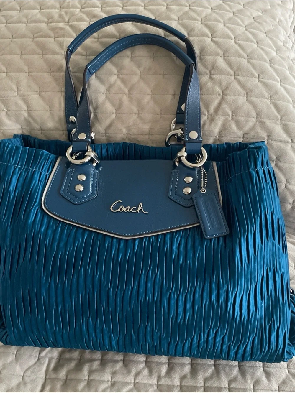 Coach Ashley Ocean Blue Pleated Tote satchel with Leather Trim